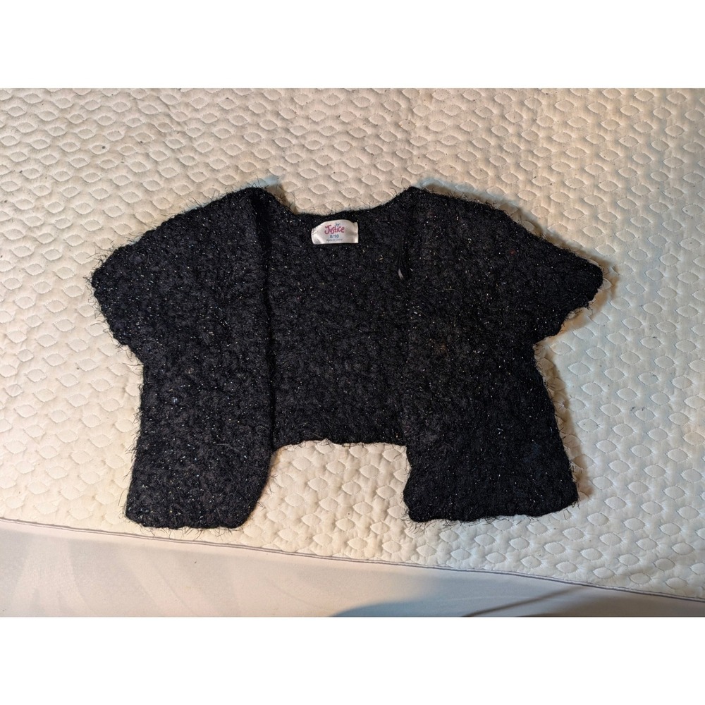 Justice Girls Black Metallic Sparkle Eyelash Knit Shrug Cardigan Bolero 8/10